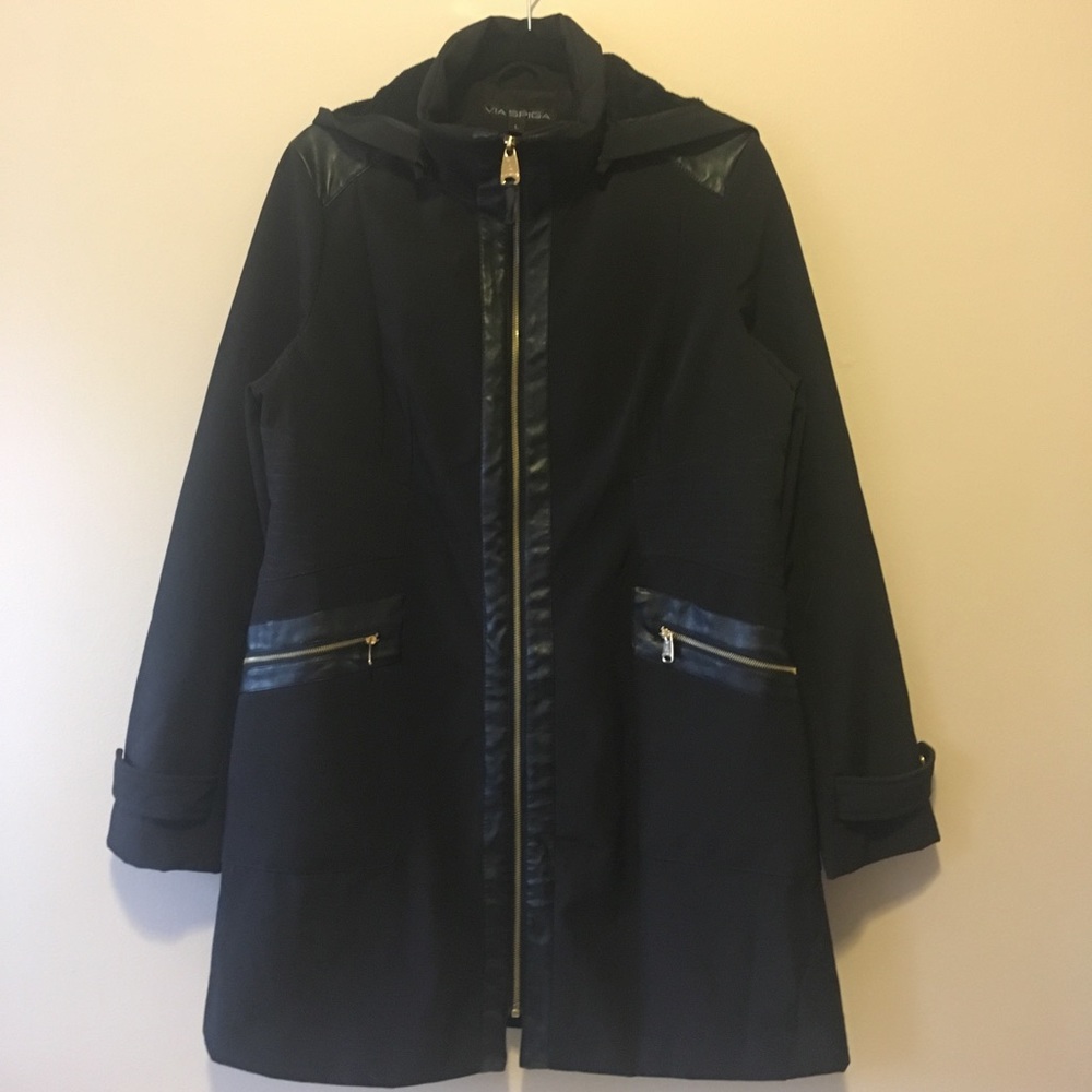 HP! 💎 Via Spiga, Black Hooded Jacket, Water Repellent, Spring, Fall, Size L